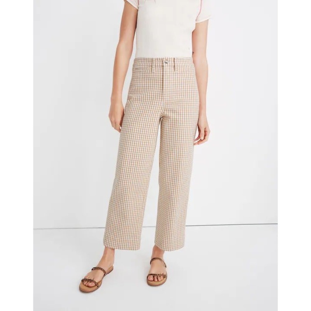 Madewell Slim Emmett Wide-Leg Crop Pants 26 Tan White Gingham Check Cottagecore